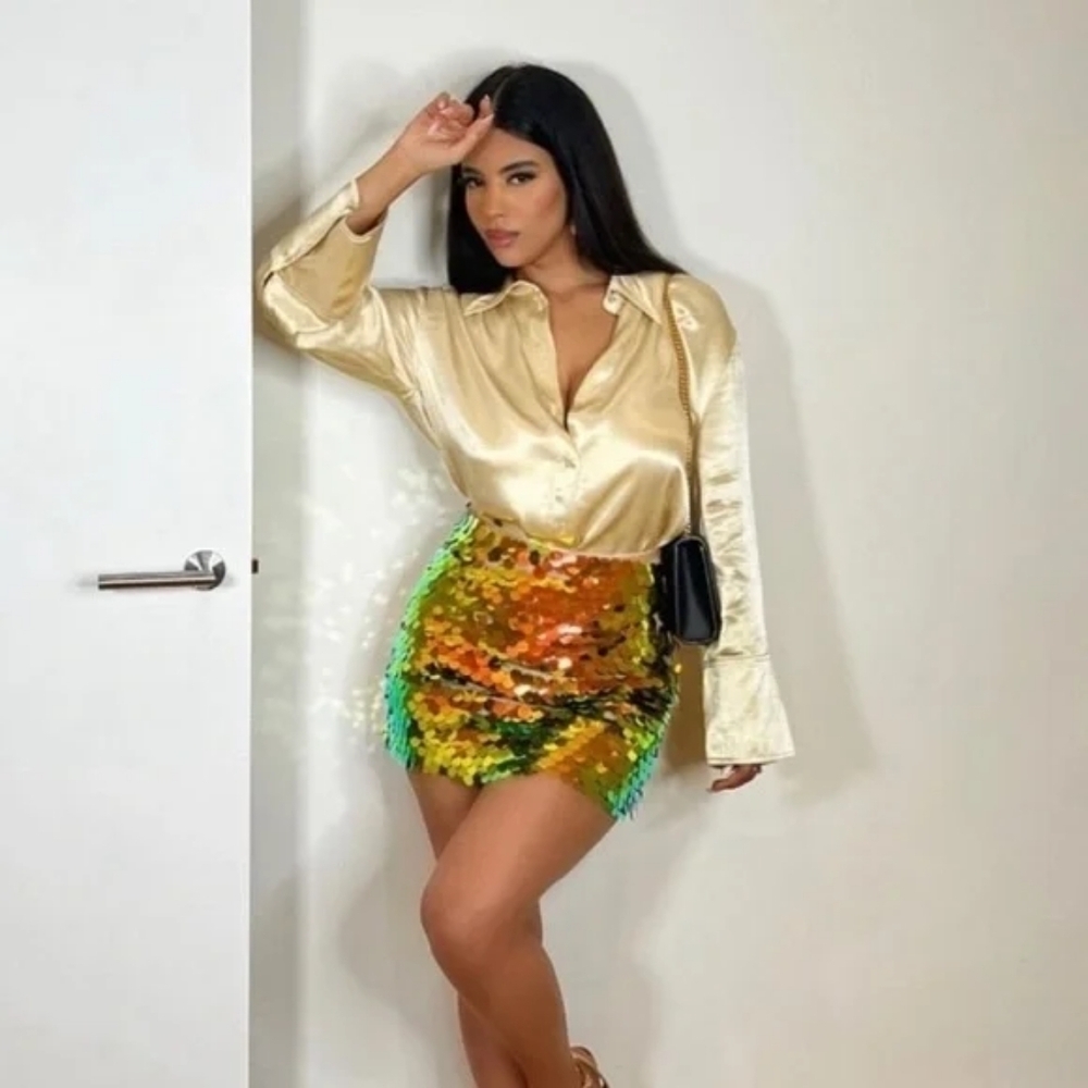 Zara sequin mini skirt golden rainbow disco chunky sequins sz small (skirt only)